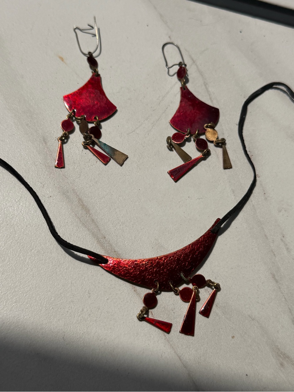 Red Enamel Dangle Necklace and Earring Set